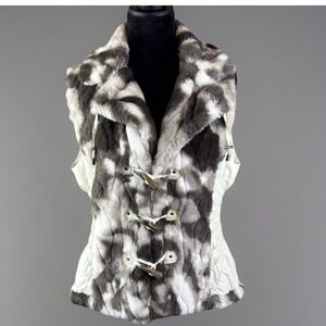 Montana Co Womens Grey White Faux Fur Toggle Vest Smocked Sides Size Large